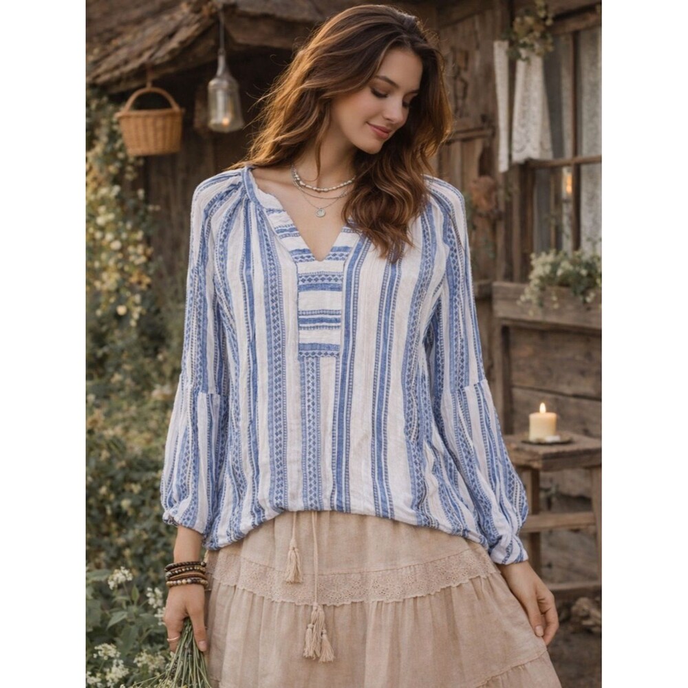 Brina‎ & Em Colter Split Neck Boho Blue White Top Size Large